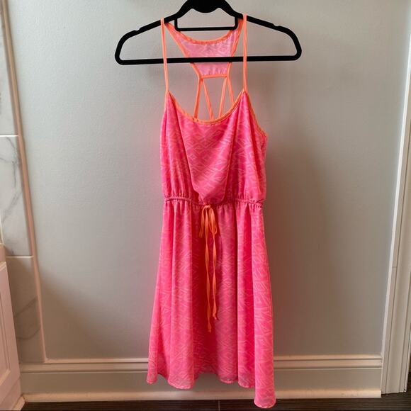 Maurices Women's Hot Pink Orange Geometric Printed Summer Dress Sz M Racer Back - Picture 1 of 8